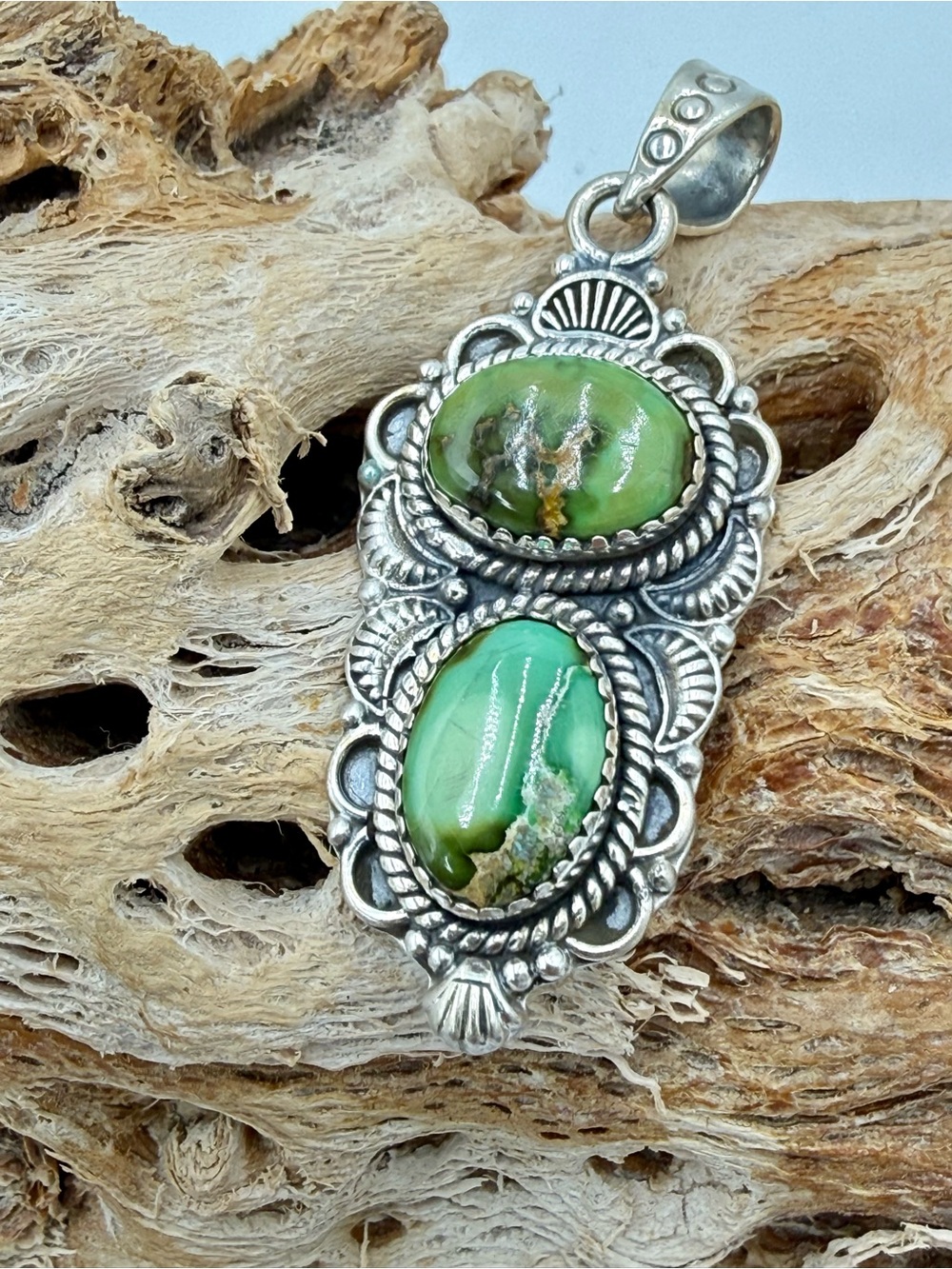 Sterling Silver Double Green Turquoise Southwestern Pendant 2.5” Native American - Picture 5 of 15